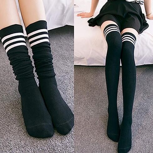 Senker Fashion 6 Pairs Thigh High Socks Striped Over Knee Socks Long Stocking Leg Warmer Socks for Daily Wear, Cosplay, Three Stripes(white/Dark Gray/Black)/White/Dark Gray/Black in Kuwait