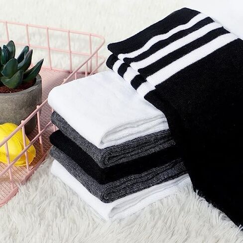 Senker Fashion 6 Pairs Thigh High Socks Striped Over Knee Socks Long Stocking Leg Warmer Socks for Daily Wear, Cosplay, Three Stripes(white/Dark Gray/Black)/White/Dark Gray/Black in Kuwait