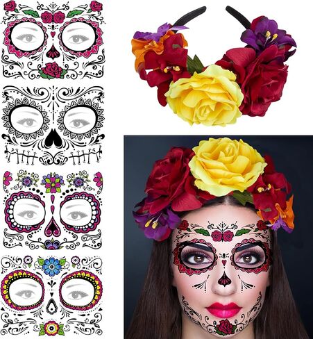 Rose Flower Halloween Headband & Day of the Dead Face Tattoos, Temporary Tattoo Stickers and Mexican Floral Headpiece for Halloween Costumes Party Supplies Cosplay Festival, Day Of the Dead headband in Saudi Arabia