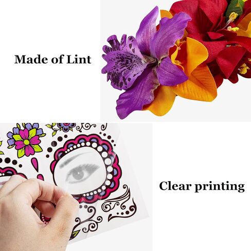 Rose Flower Halloween Headband & Day of the Dead Face Tattoos, Temporary Tattoo Stickers and Mexican Floral Headpiece for Halloween Costumes Party Supplies Cosplay Festival, Day Of the Dead headband in Saudi Arabia