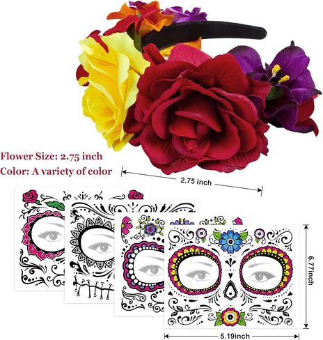 Rose Flower Halloween Headband & Day of the Dead Face Tattoos, Temporary Tattoo Stickers and Mexican Floral Headpiece for Halloween Costumes Party Supplies Cosplay Festival, Day Of the Dead headband in Saudi Arabia