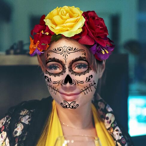 Rose Flower Halloween Headband & Day of the Dead Face Tattoos, Temporary Tattoo Stickers and Mexican Floral Headpiece for Halloween Costumes Party Supplies Cosplay Festival, Day Of the Dead headband in Saudi Arabia