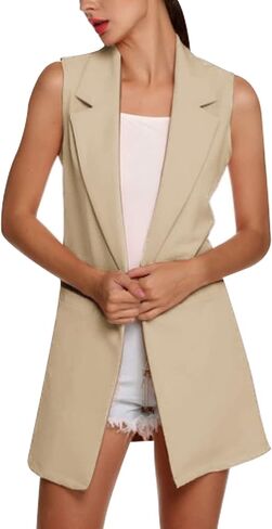 سترات صوفية سوداء من SCUSTY للنساء سترات بليزر طويلة مفتوحة من الأمام بدون أكمام in Kuwait
