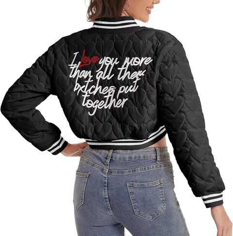 سترة نسائية مبطنة مطبوع عليها Love من Babyhealthy سترة منفوخة بأزرار سفلية كلاسيكية كاجوال معطف اسكواش in Kuwait