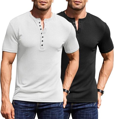 تي شيرت رجالي من COOFANDY مكون من قطعتين من قمصان Henley بأكمام قصيرة غير رسمية مضلعة ومتماسكة وتمتد العضلات in Saudi Arabia