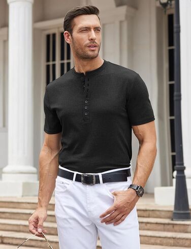 تي شيرت رجالي من COOFANDY مكون من قطعتين من قمصان Henley بأكمام قصيرة غير رسمية مضلعة ومتماسكة وتمتد العضلات in Saudi Arabia