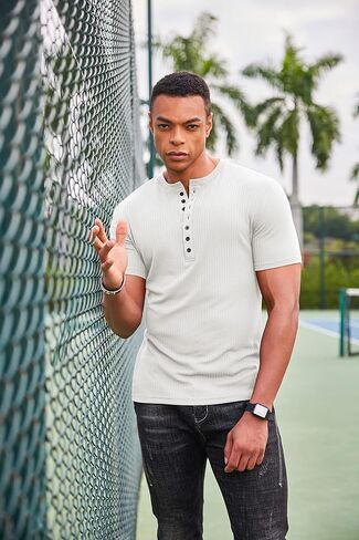 تي شيرت رجالي من COOFANDY مكون من قطعتين من قمصان Henley بأكمام قصيرة غير رسمية مضلعة ومتماسكة وتمتد العضلات in Saudi Arabia
