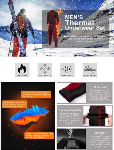 مجموعة ملابس داخلية حرارية للرجال من MEETYOO، طبقة أساسية شتوية طويلة من أعلى وأسفل بدلة ضغط للطقس البارد للتزلج in Kuwait