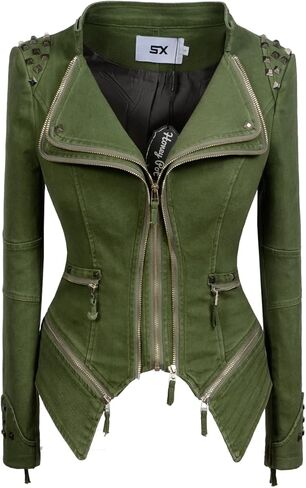 LFSS Women's classic denim jacket personalized rivet punk dovetail Motorcycle Jacket in Kuwait