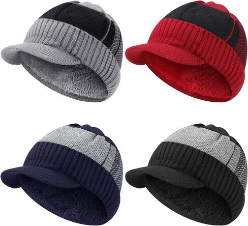 ساتينيور 4 قطع قبعة صغيرة محبوكة دافئة مبطنة بالصوف الحراري السميك بتصميم جمجمة للرجال والنساء, أحمر نبيذي وأزرق كحلي وأسود ورمادي داكن, مقاس واحد in Kuwait