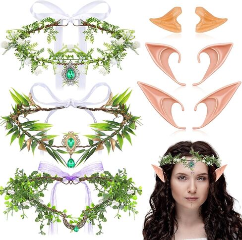 Yunlly 6 Pcs Elf Ears and Fairy Crown Set Latex Fairy Pixie Ears Fairy Leaf Rhinestone Flower Headband Elf Garland Headpiece in Saudi Arabia