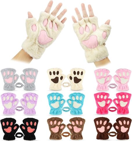 Yahenda 10 Pairs Women Girls Cat Paw Gloves Faux Fur Cute Kitten Wolf Bear Claw Fingerless Winter Plush Gloves Half Finger Cosplay Furry Cat Mittens in Saudi Arabia