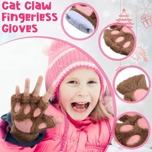 Yahenda 10 Pairs Women Girls Cat Paw Gloves Faux Fur Cute Kitten Wolf Bear Claw Fingerless Winter Plush Gloves Half Finger Cosplay Furry Cat Mittens in Saudi Arabia