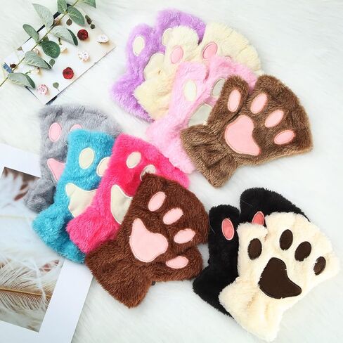 Yahenda 10 Pairs Women Girls Cat Paw Gloves Faux Fur Cute Kitten Wolf Bear Claw Fingerless Winter Plush Gloves Half Finger Cosplay Furry Cat Mittens in Saudi Arabia