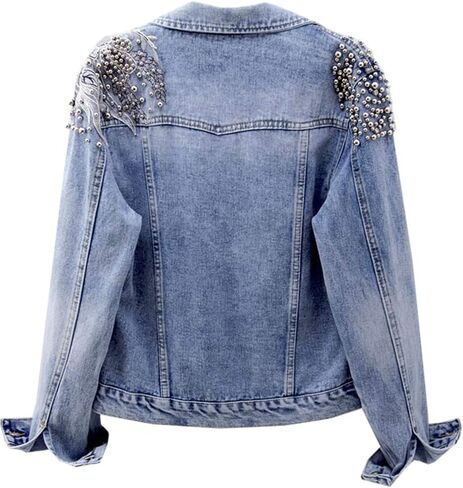 Kedera Women's Denim Jacket Long Sleeve Western Rivet Studded Washed Pearl Short Jean Coat in Saudi Arabia