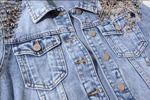 Kedera Women's Denim Jacket Long Sleeve Western Rivet Studded Washed Pearl Short Jean Coat in Saudi Arabia