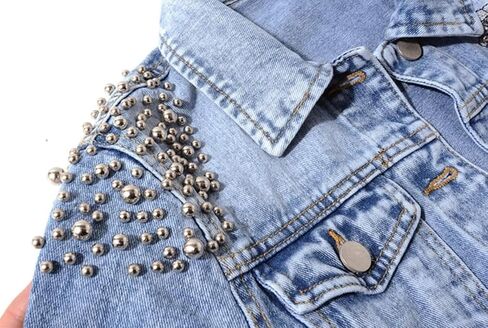 Kedera Women's Denim Jacket Long Sleeve Western Rivet Studded Washed Pearl Short Jean Coat in Saudi Arabia