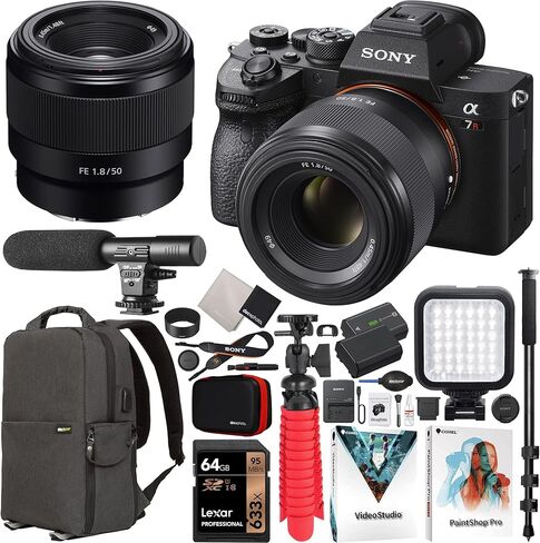Sony a7R IV Mirrorless Full Frame Camera Body + 50mm F1.8 FE Fast E-Mount Lens SEL50F18F ILCE-7RM4A/B Bundle with Deco Gear Backpack + Microphone + LED + Monopod and Accessories Kit in Saudi Arabia