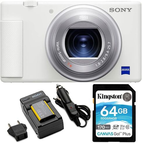 Sony ZV-1 Camera for Content Creators and Vloggers (White) with Koah Pro NP-BX1 Battery with Charger and Kingston 64GB Canvas Go Plus 170MB/s SD Card Bundle (3 Items) in Saudi Arabia