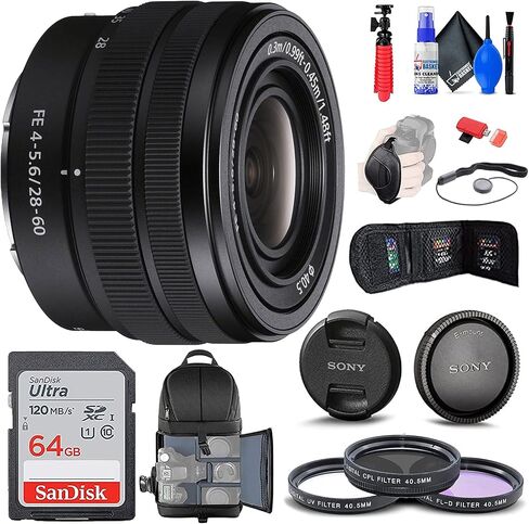Sony FE 28-60mm f/4-5.6 Lens (SEL2860) + Filter Kit + Backpack + 64GB Card + Card Reader + Flex Tripod + Memory Wallet + Lens Cap Keeper + Cleaning Kit + Hand Strap + More (Renewed) in Saudi Arabia