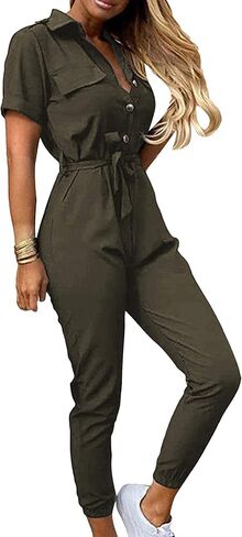 YMING Womens Lapel Collar Short Sleeve Jumpsuit Summer Casual Romper Plus Size Overalls with Belt in Kuwait
