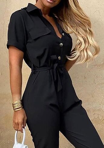 YMING Womens Lapel Collar Short Sleeve Jumpsuit Summer Casual Romper Plus Size Overalls with Belt in Kuwait