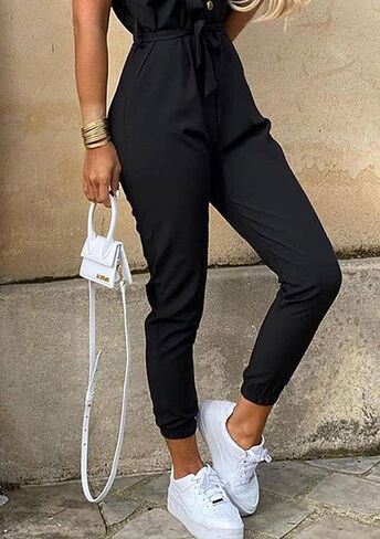 YMING Womens Lapel Collar Short Sleeve Jumpsuit Summer Casual Romper Plus Size Overalls with Belt in Kuwait
