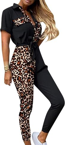 YMING Womens Lapel Collar Short Sleeve Jumpsuit Summer Casual Romper Plus Size Overalls with Belt in Kuwait