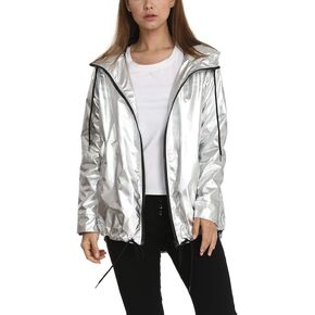 RoseLily Women's Holographic Jacket, Shiny Metallic Windbreaker Rainbow Raincoat Rave Jacket (as1, alpha, l, regular, regular, Silver) in Saudi Arabia