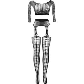ohyeah Women Plus Size Fishnet BodyStocking Attached Stockings Comfy Sleepwear Lingerie One Piece Babydoll, Black