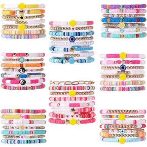 FINZOR 58Pcs Preppy Heishi Bracelets Set Colorful Evil Eye Beaded Polymer Clay Pearl Stackable Charm Y2K Summer Beach Bohemian Layering Bracelets Jewelry for Women in Kuwait