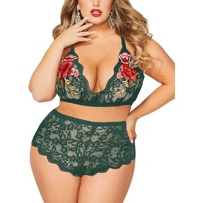 ملابس داخلية JuicyRose مقاس كبير مكونة من قطعتين للنساء، حمالة صدر دانتيل مزينة بالورد مثير ولباس داخلي عالي الخصر in Kuwait