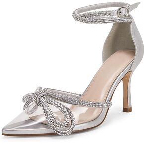 Coutgo Women's Clear Heels Closed Toe Pointed Rhinestone Heels Wedding Bridal Dress Shoes Ankle Strap Mid Heel Stiletto Pumps Shoes in Saudi Arabia