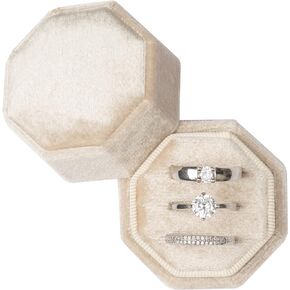 Equal Octagon Velvet Ring Box Storage 3 Slots for Wedding Ceremony Proposal Engagement Birthday Gift (Beige)