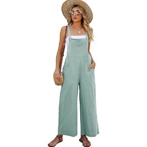 Flygo Women's Cotton Bib Overalls Loose Fit Wide Leg Jumpsuits Casual Rompers with Pockets in Kuwait