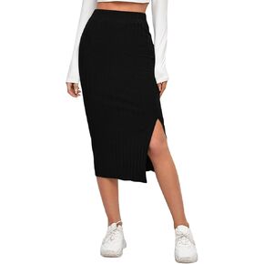 GORGLITTER Women's Slit Ribbed Knit Bodycon Midi Skirt Side Split High Waisted Knee Length Pencil Skirts in Saudi Arabia