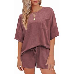 طقم بيجامات Andeip للسيدات من نسيج الوافل بأكمام قصيرة وسروال قصير مكون من قطعتين ملابس مريحة مع جيوب in Kuwait