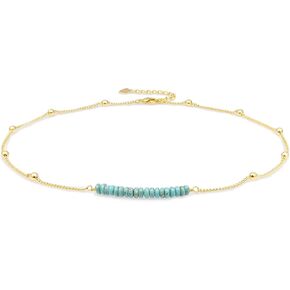 PERNNLA PEARL 18K Gold Satellite Beaded Curb Ball Chain Choker Turquoise Garnet Beads Bar Necklace Handmade Pendant Jewelry Adjustable for Women 16"+ 2" in Kuwait