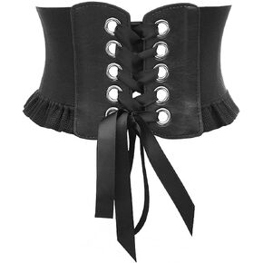 Aabellay Womens Lace-up Corset Cinch Waistband Waspie Elastic Waist Belt Retro Tied Wide Belt Vintage Bandage Elasticity Girdle Wrap for Girls Halloween Costume – Black YS001 in Kuwait
