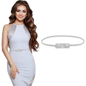 cobee Women Skinny Metal Waist Belt, Metal Chain Stretch Elastic Waistband, Fashion Rhinestone Dress Belts for Bridal Dressy