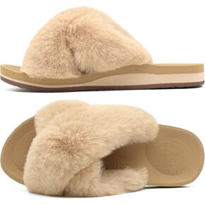 COFACE Womens Fuzzy Slides Fluffy Faux Fur Cross Slippers Open Toe Yoga Mat House Slippers Sandals With Arch Support For Indoor/Outdoor