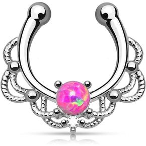 Pierced Owl - 16GA Lacey Single Synthetic Opal Clip On Fake Non No Piercing Septum Hanger Ring