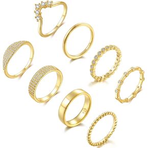 OPFIV 8Pcs 14K Gold Plated Stacking Rings for Women Teen Girls Fashion Dainty CZ Leaf Flower Knuckle Thumb Stackable Ring Set Gold Thin Plain Silver Ring Band Statement Eternity Bands Comfort Fit Size 6-9