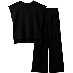 Women Knit 2 Piece Sweater Sets Pullover Tops High Waist Wide Leg Pants Lounge Set in Saudi Arabia