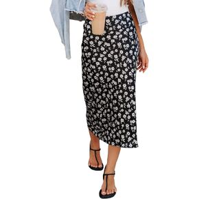 Women’s Floral Print Midi Skirt Casual High Elastic Waist Zipper Vintage Long Boho Skirts for Women