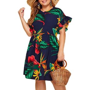 Milumia Women's Plus Size Tropical Leaf Print Ruffle Sleeve Pleated Short Dress