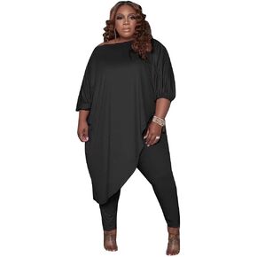 Huasemy Plus Size Outfits for Women Tracksuits Long Sleeve Slant Shoulder Asymmetrica Tops Bodycon Pants Sweatsuit Sets