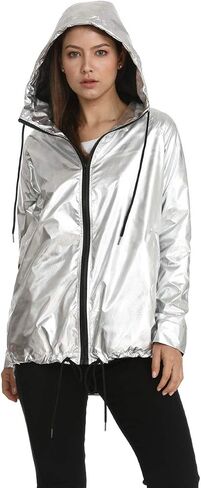 RoseLily Women's Holographic Jacket, Shiny Metallic Windbreaker Rainbow Raincoat Rave Jacket (as1, alpha, l, regular, regular, Silver) in Saudi Arabia