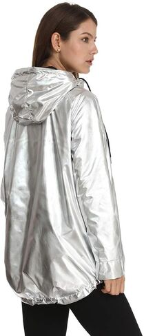 RoseLily Women's Holographic Jacket, Shiny Metallic Windbreaker Rainbow Raincoat Rave Jacket (as1, alpha, l, regular, regular, Silver) in Saudi Arabia