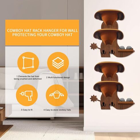 حامل قبعة رعاة البقر من جلاسفيو للجدار، حامل قبعة حائط خشبي، تخزين قبعة رعاة البقر، خطاف معدني خشبي (بني) in Kuwait